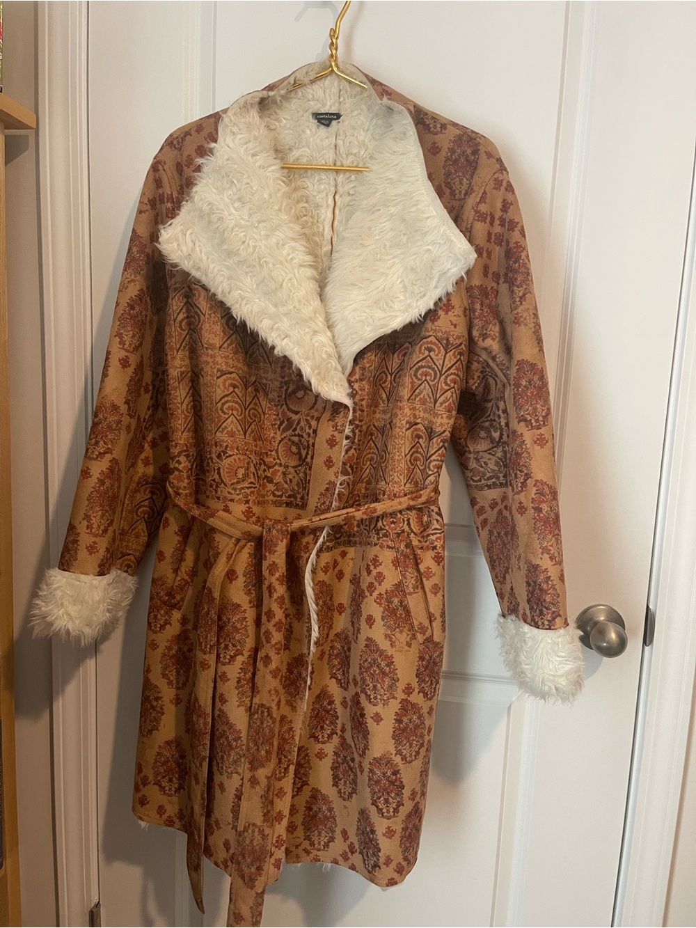 Casaluna Tan Paisley Wrap Faux Suede Coat with Cream Shearling Fur Trim BOHO